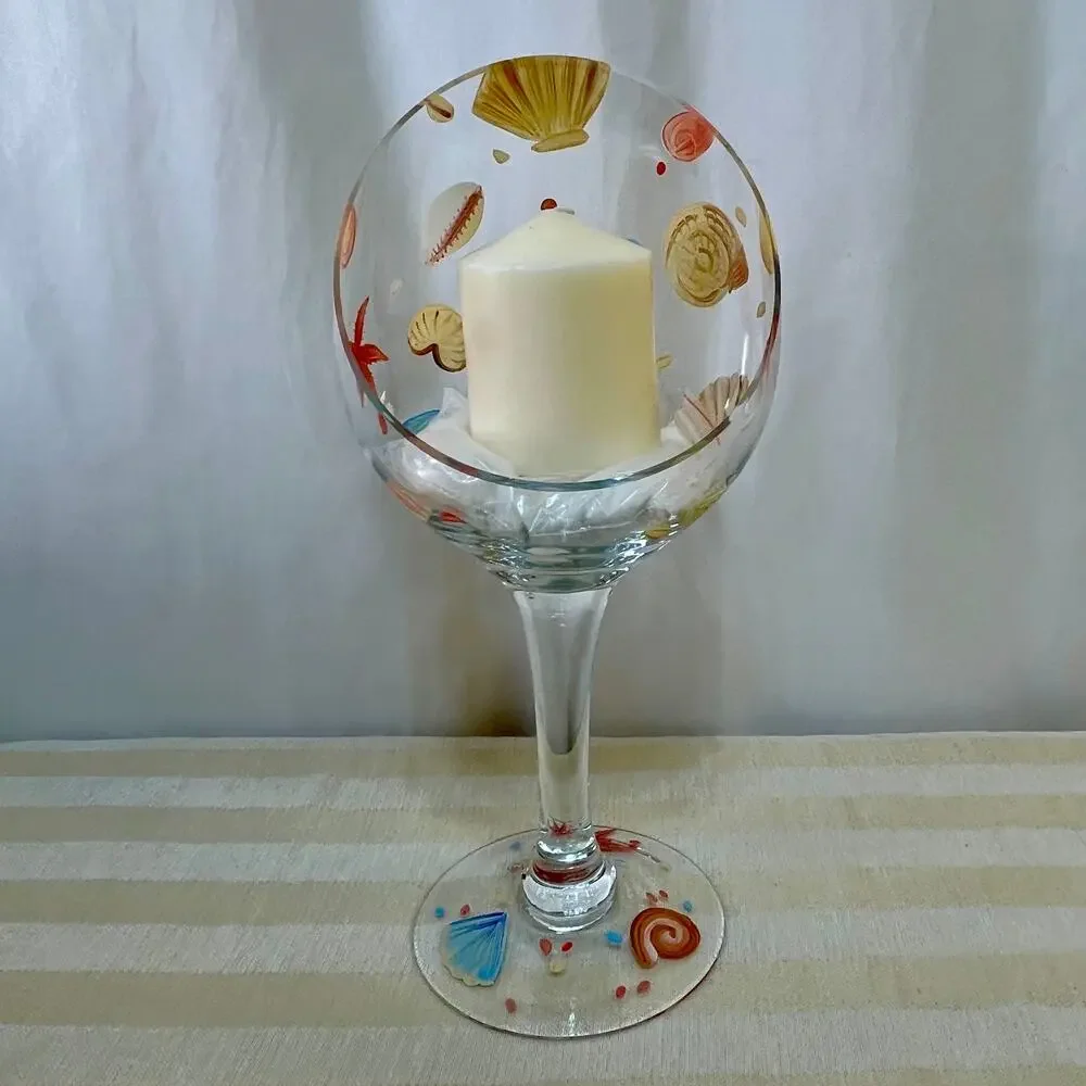 Painted Sea Shell Clear Glass Candleholder Votive Candle Rests on Sand Beach New